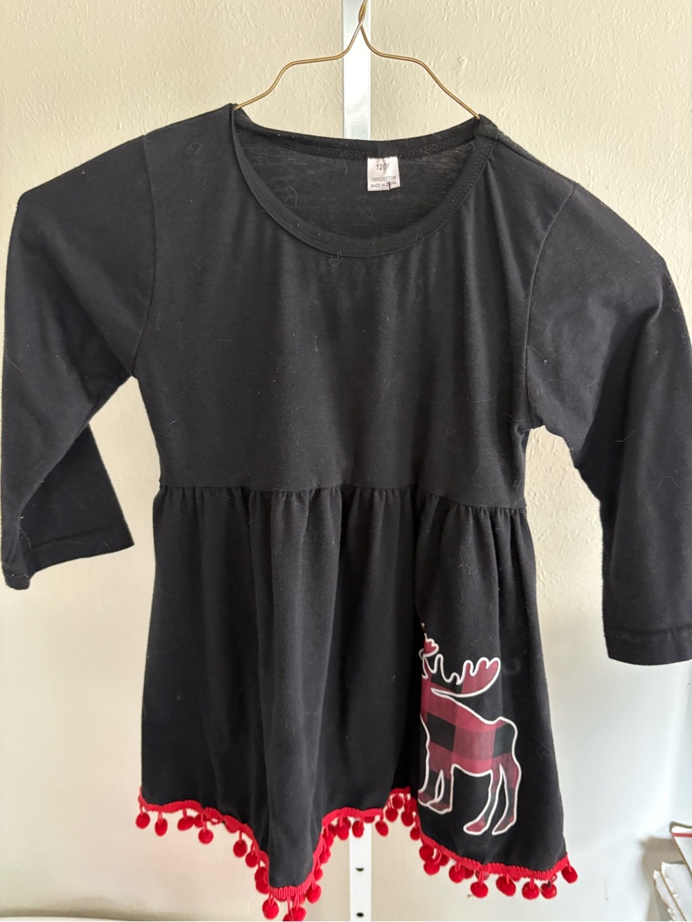 Girls Black Long Sleeve Dress with Red Pom Trim and Moose Motif